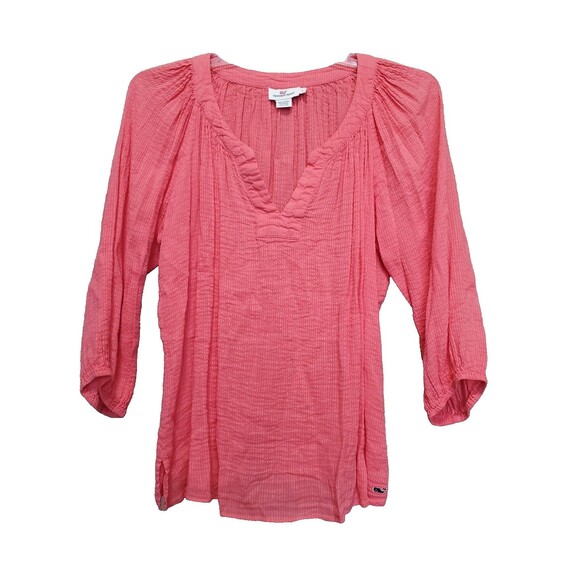 Vineyard Vines Rayon/Linen Textured Pink Split Neck 3/4 Sleeve Blouse Size LGE - Picture 1 of 6
